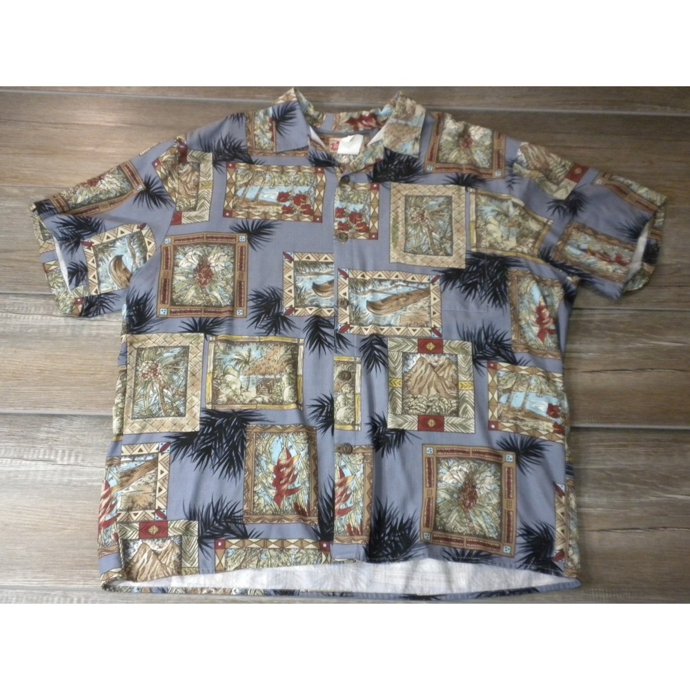 Hilo Hattie Hawaiian Shirt Mens XL Blue Aloha Framed Island Scene AOP Tropical